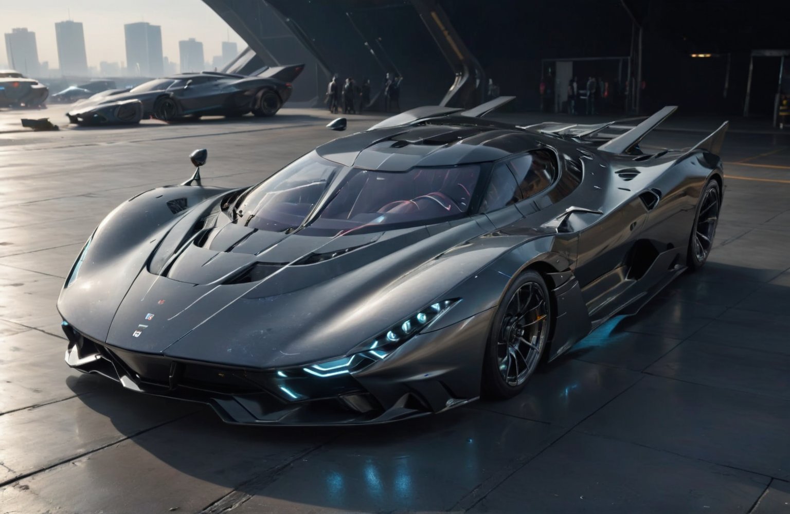  Ultra realistic 8K image, of a Shiny  Massive futurist spaceship with light edges and borders, parked on the ground in a space port hanger inspired by cyberpunk,wedge-shaped,  space area background, (Front Side view), sharp focus, Beautiful weather,symmetrical,spcrft,Starship,Huracán,zaha style,sifi style,futuristic car,NIO,Pagani style, furai style,no wheels,antigravity,Koenigsegg ccx,Fly in the air,symmetry car head,No car logo,(ford gt:0.5),