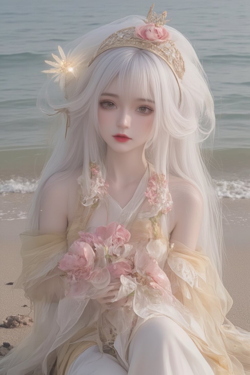 In a whimsical anime-inspired setting, a mature woman nurse sits majestically, adorned with a golden headpiece and long, flowing white hair. Her eyes sparkle like stars as she holds two intricately embroidered flowers in her outstretched hands. A delicate bow rests atop her golden crown. The soft glow of the surrounding misty veil illuminates her serene features, juxtaposed against the vibrant pink and yellow hues of her attire. White halter-necked top and pants blend seamlessly with the ocean's waves as she stands poised on the shore, surrounded by wispy fog and subtle starlight.