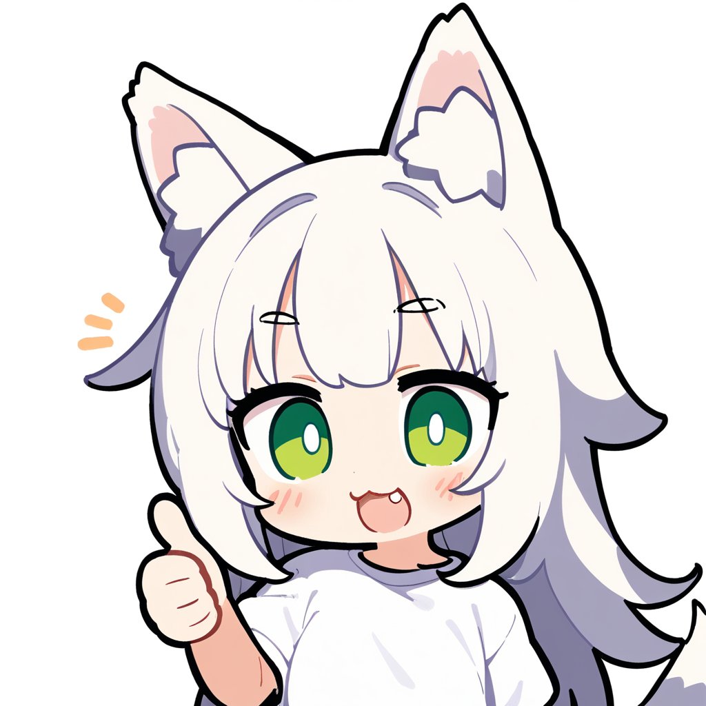 1girl, solo, loli, white hair, long hair, wolf ears, wolf tail, green eyes, upper body,white shirt, :3, thumb, simple background, white background, Thumbs up , fang