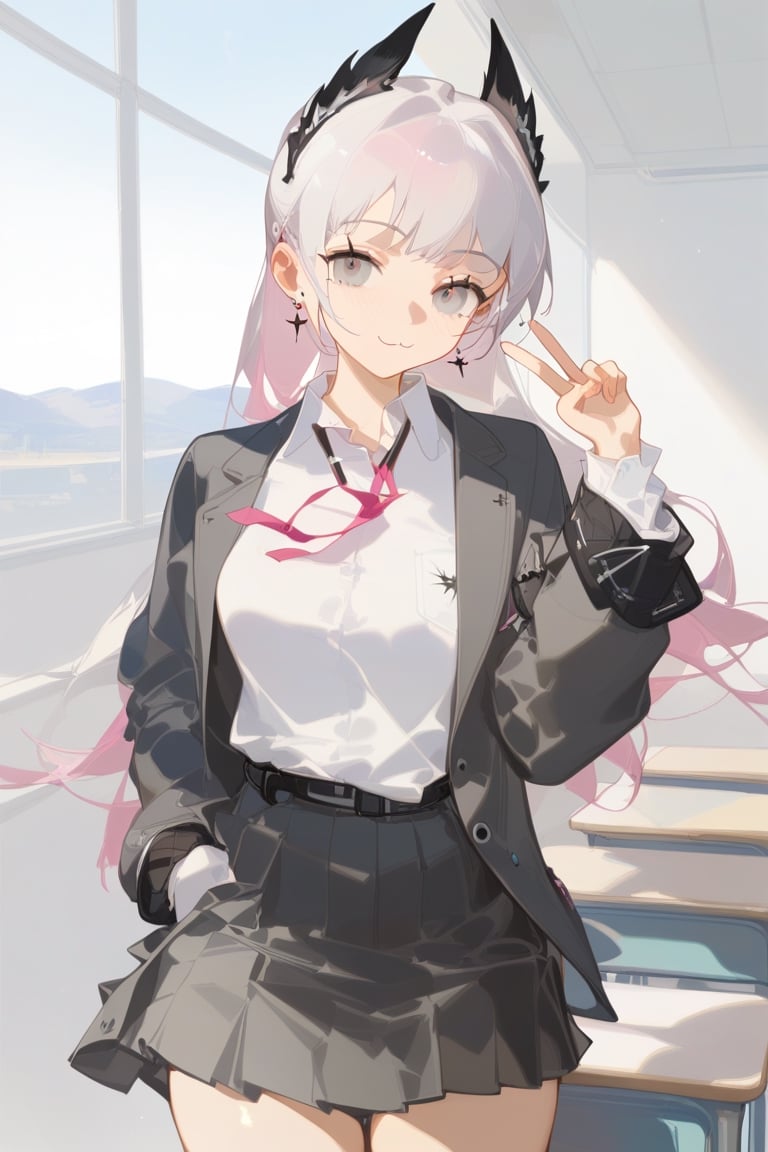 irene_(arknights),1girl, head_wings, solo, arm_behind_back, skirt, grey_hair, looking_at_viewer, long_hair, long_sleeves, jacket, shirt, school_uniform, pleated_skirt, black_jacket, grey_eyes, white_shirt, collared_shirt, indoors, :3, v, neck_ribbon, blush, desk, scar_across_eye, classroom, closed_mouth, smile, pink_ribbon, ribbon, jewelry, earrings, scar, hand_up, cowboy_shot, ponytail, blazer, school_desk, best quality, amazing quality, very aesthetic, absurdres , endou_okito,ciloranko,ask (askzy),harev, watercolor