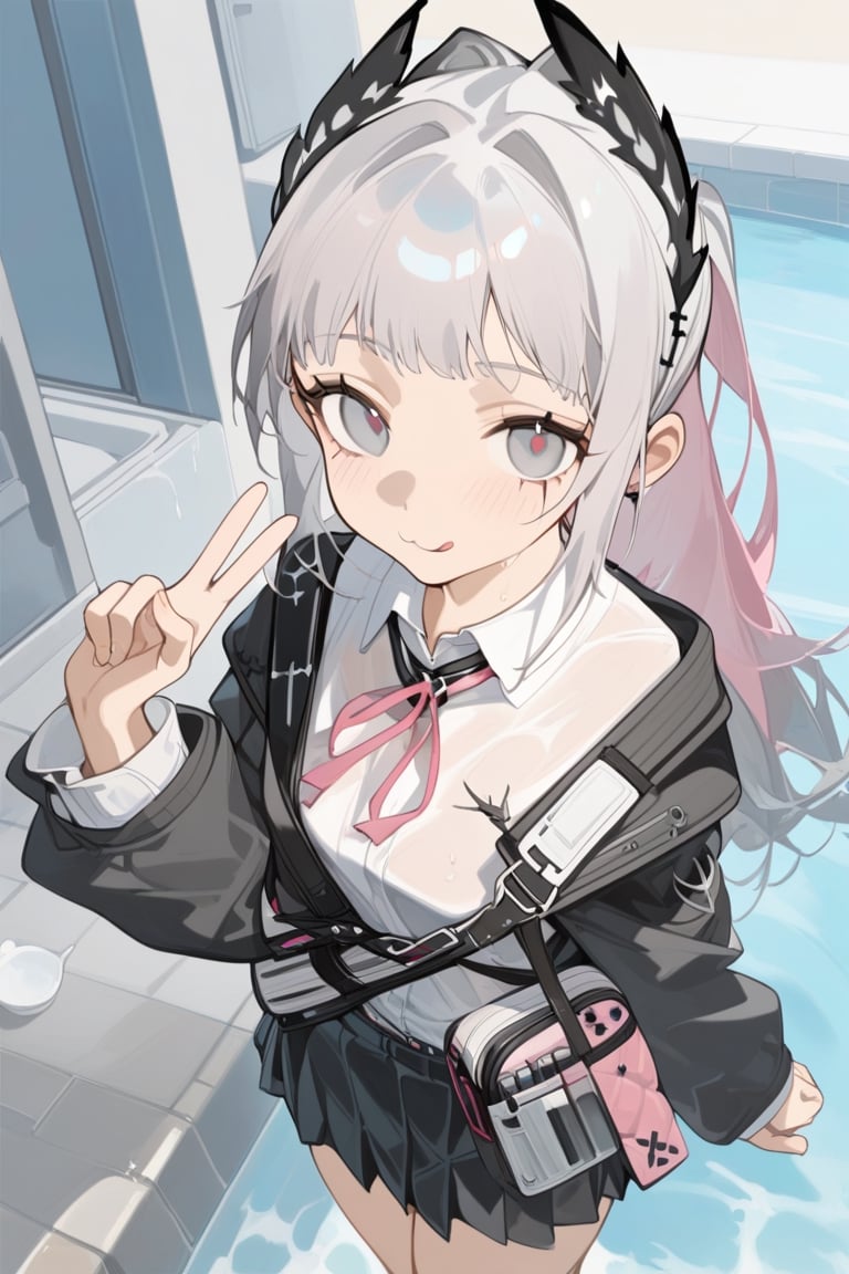 irene_(arknights),1girl, head_wings, solo, arm_behind_back, skirt, grey_hair, looking_at_viewer, long_hair, long_sleeves, jacket, shirt, school_uniform, pleated_skirt, black_jacket, grey_eyes, white_shirt, collared_shirt, indoors, :3, v, neck_ribbon, blush, scar_across_eye, closed_mouth, smile, pink_ribbon, ribbon, hand_up, ponytail, blazer, best quality, amazing quality,  wet_clothes, bathing, tiny cup, stick out tongue, semi-transparent clothes