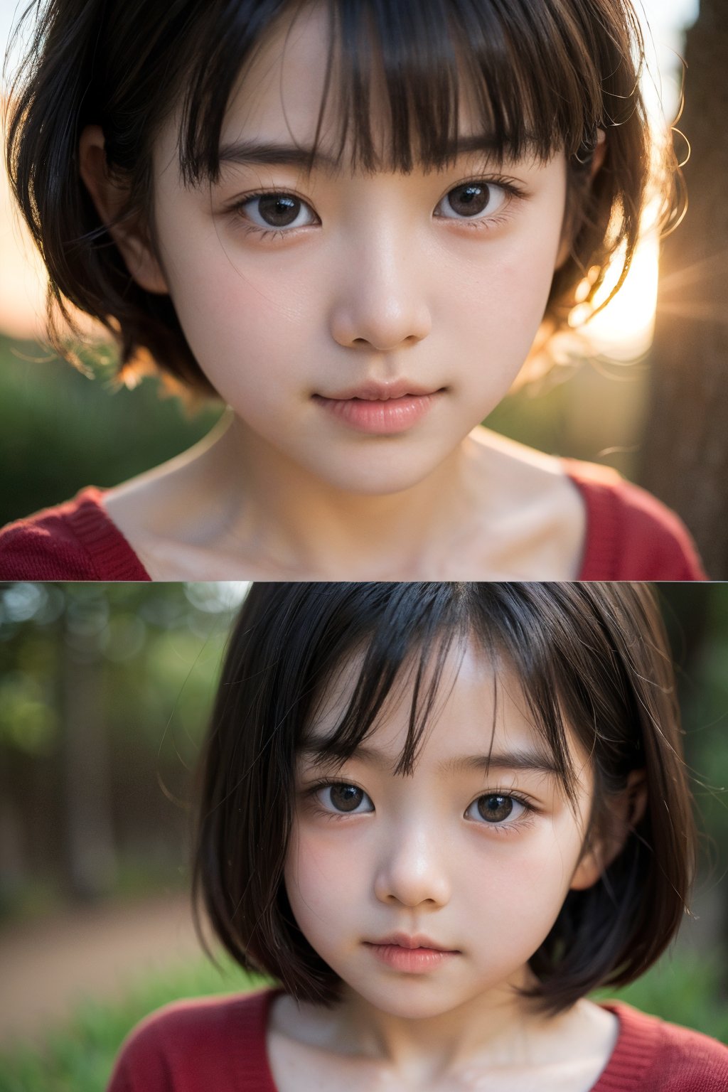 主：(Misty woods under sunset),(((Focus on close-up photos of faces))),
人：1litte 1kid 7yo gril (Child:1.2), 
優：(Stable Diffusion 1.5),
髮：(((short hair))),(((bangs))),(((Well-defined hair strands:1.4))),
服：(Off-the-shoulder),(deep V neckline),