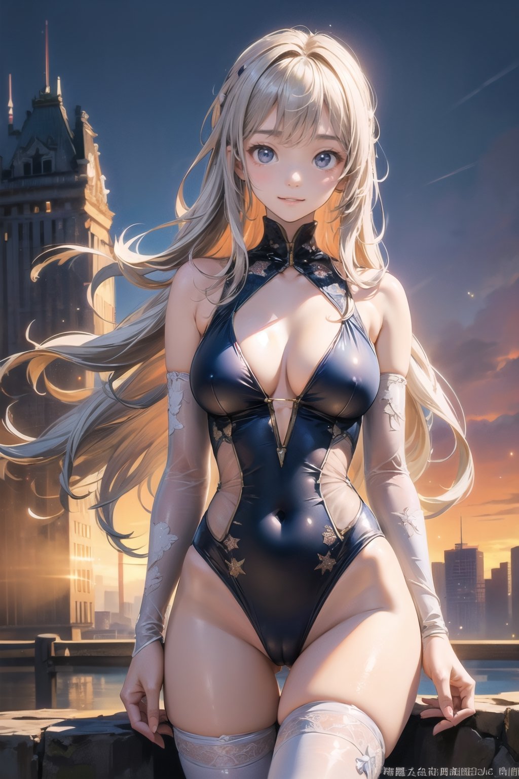 主：(((Thigh to upper body photo))), 
特：(((Colorful and magical doomsday city))), (masterpiece, highest quality, extreme detailed, best quality, official art, beautiful and aesthetic:1.2), (1girl), extreme detailed,(fractal art:1.3),colorful,highest detailed,High detailed,With a very high artistic composition style, 
髮：(((long hair))), 
服：((((Super transparent one-piece swimsuit made of white tulle))), (The white one-piece swimsuit has beautiful embroidery patterns on it),(((deep V low neckline))),(((compression stockings))),Ancient costume