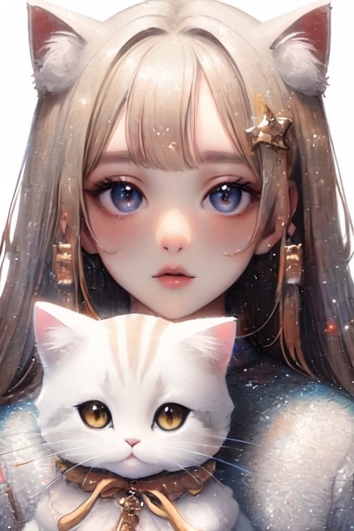 portrait,illustration,xxmix_girl,koh_yunjung,aw0k cat,McDate_with_2D_Waifu,artistic oil painting stick,glitter,sangonomiya kokomi (sparkling coralbone)