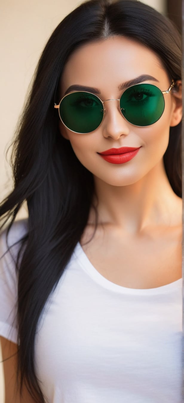 selfie, morning, hot look,
1woman,28 years old,smiling,black long hair,green eyes,round sunglasses,white open t-shirt,(((on the t-shirt,loneyl)))writes(best quality,high level :),(vibrant colors,colour :), (bokeh),(full length portraits), (studio lighting),(ultra fine image),(sharp) focus),(highly detailed eyes, body and face),(detailed lips),(beautiful detailed eyes),( long eyelashes), black hair, professional look, looking at viewer , she is a teacher 