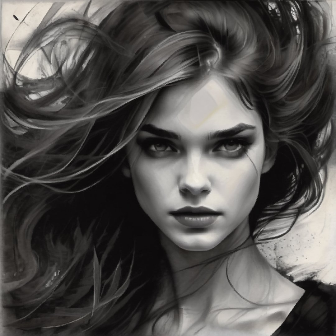 A hauntingly beautiful charcoal sketch of a young woman, featured as a close-up portrait on old, textured paper. The subject's abundant, tangled hair dances in the wind, and her pitiful eyes gaze upwards. The whimsical expressions and dark white and grey shades add to the sketch's expressive texture. The artistry, reminiscent of children's book illustrations and influenced by Vincent Callebaut, Angela Barrett, and David Lachepelle, blends beatnik fashion, dark fantasy, and anime elements. The linear, hyper-minimalist details and vibrant colors create a captivating, otherworldly scene, evoking a strong emotional response. The overall effect is a mesmerizing blend of styles, making it a truly unique and thought-provoking piece of conceptual art., 3d render, conceptual art, poster, dark fantasy, vibrant, portrait photography, cinematic, painting, illustration, anime