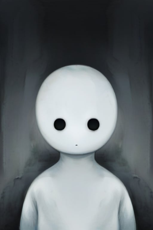 The entity, similar to a teenager boy without a mouth, with white empty eyes and white skin, looks sadly and resignedly into the sky.