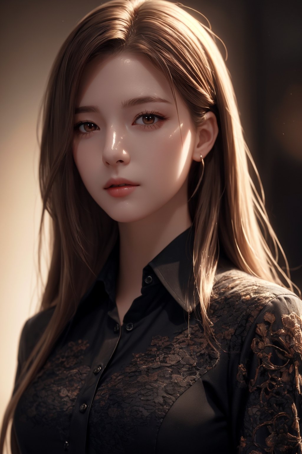 photorealistic, masterpiece, best quality, raw photo, 1girl, medium breasts, long hair, brown hair, collared shirt, looking at viewer, dynamic lighting, in the dark, deep shadow, low key, intricate detail, detailed skin, pore, highres, hdr, Aloof, white hair, red eyes, director-general，cool