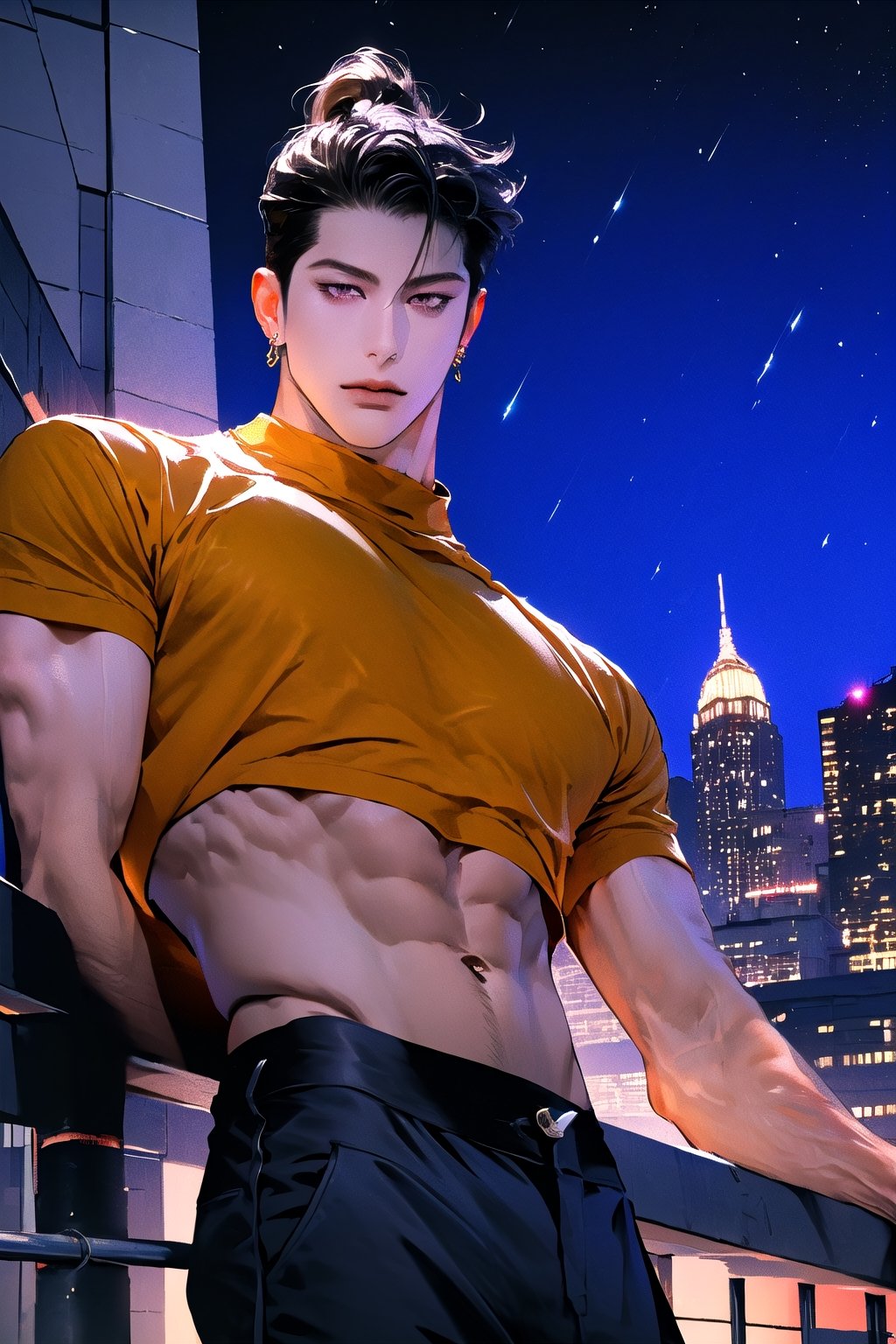 Masterpiece, Best Quality, (8k resolution), (ultra-detailed), perfection, 1boy, handsome, male, neat black ponytail, purple eyes, korean, muscular. wearing gold earrings, gold circle glasses, sheer black crop top and tight leather black pants. he is leaning on a rail. background is asian city at night. full body. dutch angle from below.