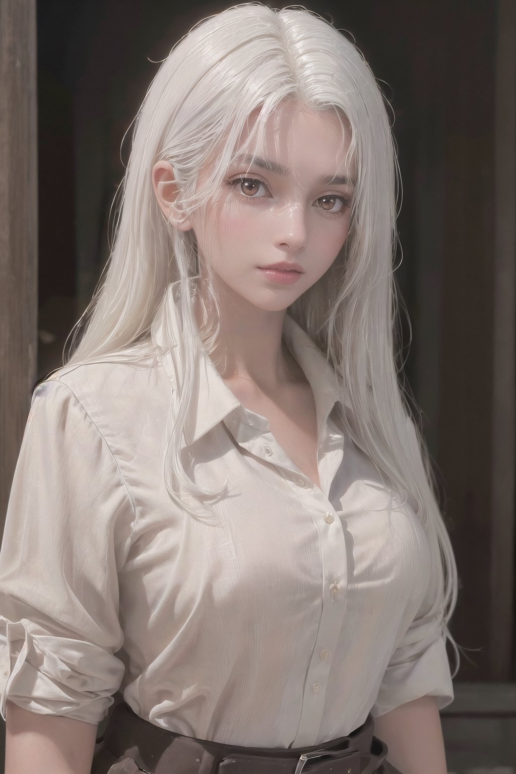 photorealistic, masterpiece, best quality, raw photo, 1girl, medium breasts, long hair, brown hair, collared shirt, looking at viewer, dynamic lighting, in the dark, deep shadow, low key, intricate detail, detailed skin, pore, highres, hdr, Aloof, white hair, red eyes, director-general，cool