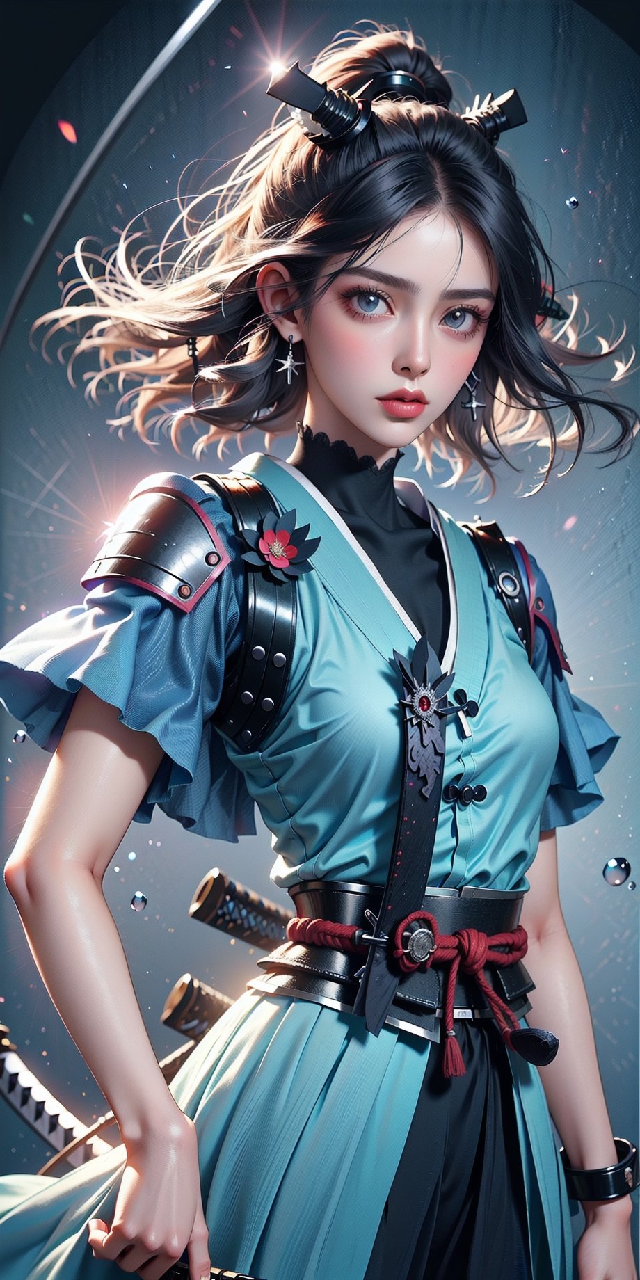 1girl is standing in a dark and mysterious environment.(((hang Beautiful, delicate and perfectly curved Japanese samurai katana  sword))) The scene is lit by a single light source, creating a sense of tension and suspense. The character is wearing a suit and tie, and their face is obscured by shadows. The image is rendered in high detail, with realistic textures and materials. The overall effect is a visually stunning and thought-provoking image that is sure to keep viewers engaged.,cool,portrait,nodf_lora,mecha,1girl,makima,1 girl