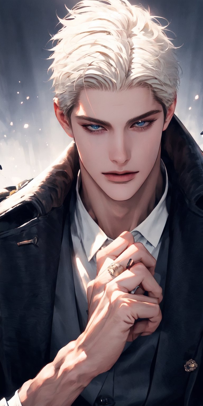 Extreme detailed,Realistic,solo,
official art, extremely detailed, Extreme Realistic,  Nordic beautiful teen boy,beautifully detailed eyes, detailed fine nose, detailed fingers,muscle body, wearing extremely detailed luxury male Prince Albert coat, high quality, beautiful high Detailed white short hair,