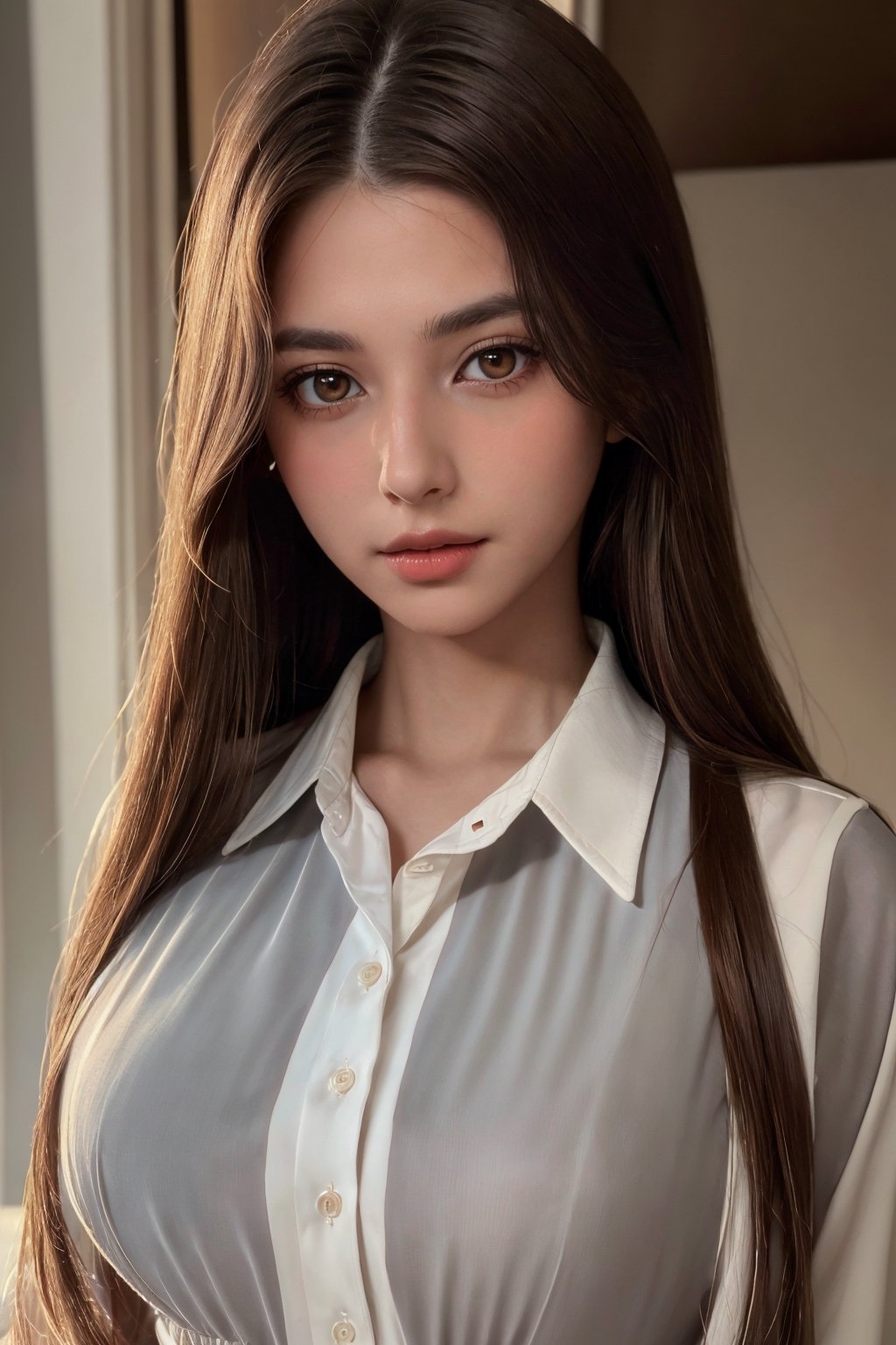 photorealistic, masterpiece, best quality, raw photo, 1girl, medium breasts, long hair, brown hair, collared shirt, looking at viewer, dynamic lighting, in the dark, deep shadow, low key, intricate detail, detailed skin, pore, highres, hdr, Aloof, white hair, red eyes, director-general，cool