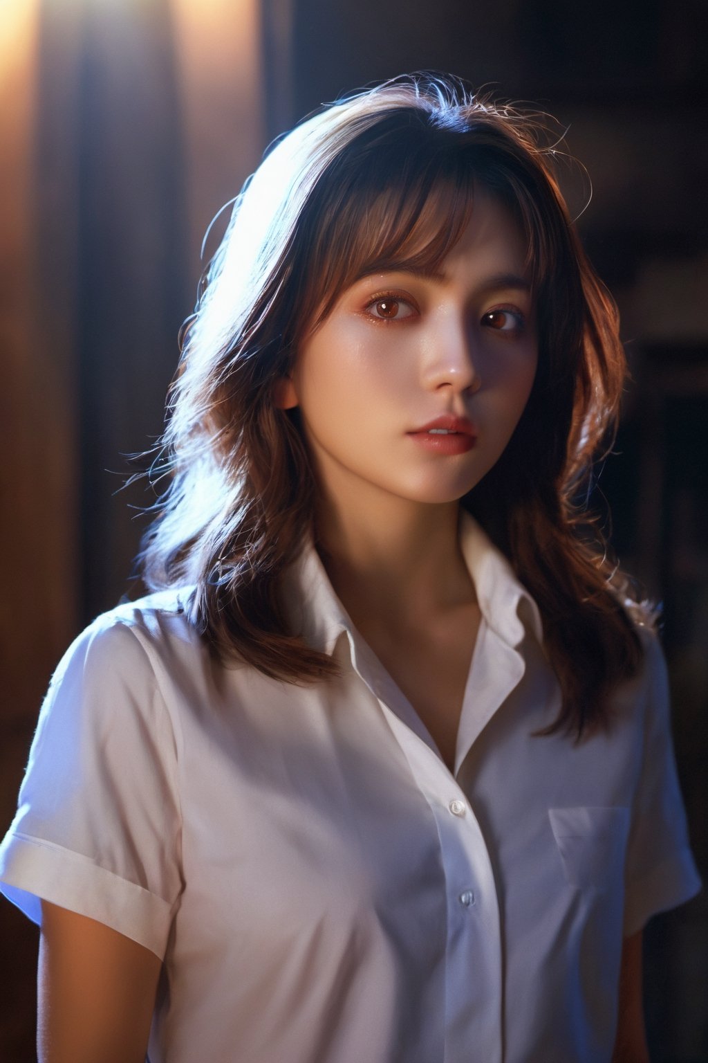 photorealistic, masterpiece, best quality, raw photo, 1girl, medium breasts, long hair, brown hair, collared shirt, looking at viewer, dynamic lighting, in the dark, deep shadow, low key, intricate detail, detailed skin, pore, highres, hdr, Aloof, white hair, red eyes, director-general，cool