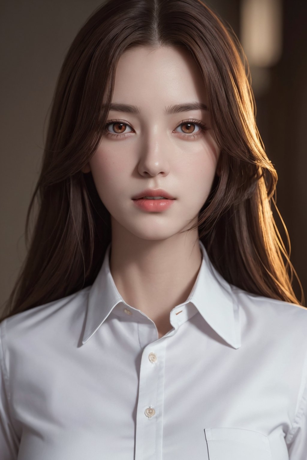 photorealistic, masterpiece, best quality, raw photo, 1girl, medium breasts, long hair, brown hair, collared shirt, looking at viewer, dynamic lighting, in the dark, deep shadow, low key, intricate detail, detailed skin, pore, highres, hdr, Aloof, white hair, red eyes, director-general，cool