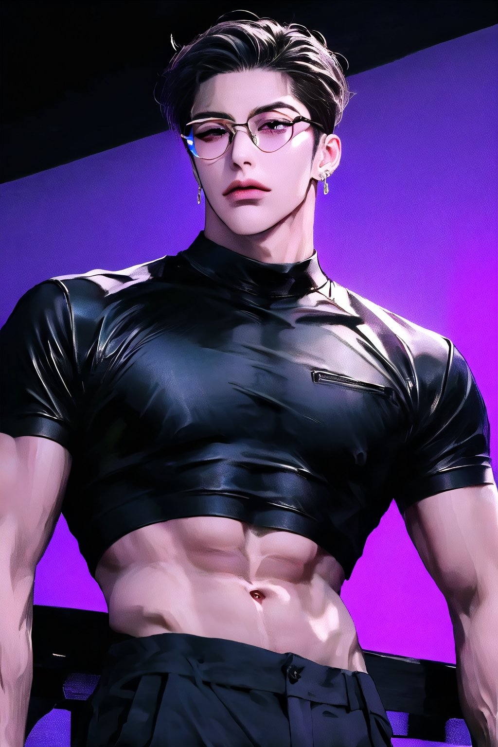 Masterpiece, Best Quality, (8k resolution), (ultra-detailed), perfection, 1boy, handsome, male, neat black ponytail, purple eyes, korean, muscular. wearing gold earrings, gold circle glasses, sheer black crop top and tight leather black pants. he is leaning on a rail. background is asian city at night. full body. dutch angle from below.