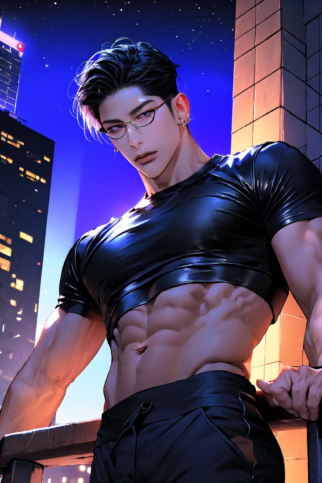 Masterpiece, Best Quality, (8k resolution), (ultra-detailed), perfection, 1boy, handsome, male, neat black ponytail, purple eyes, korean, muscular. wearing gold earrings, gold circle glasses, sheer black crop top and tight leather black pants. he is leaning on a rail. background is asian city at night. full body. dutch angle from below.