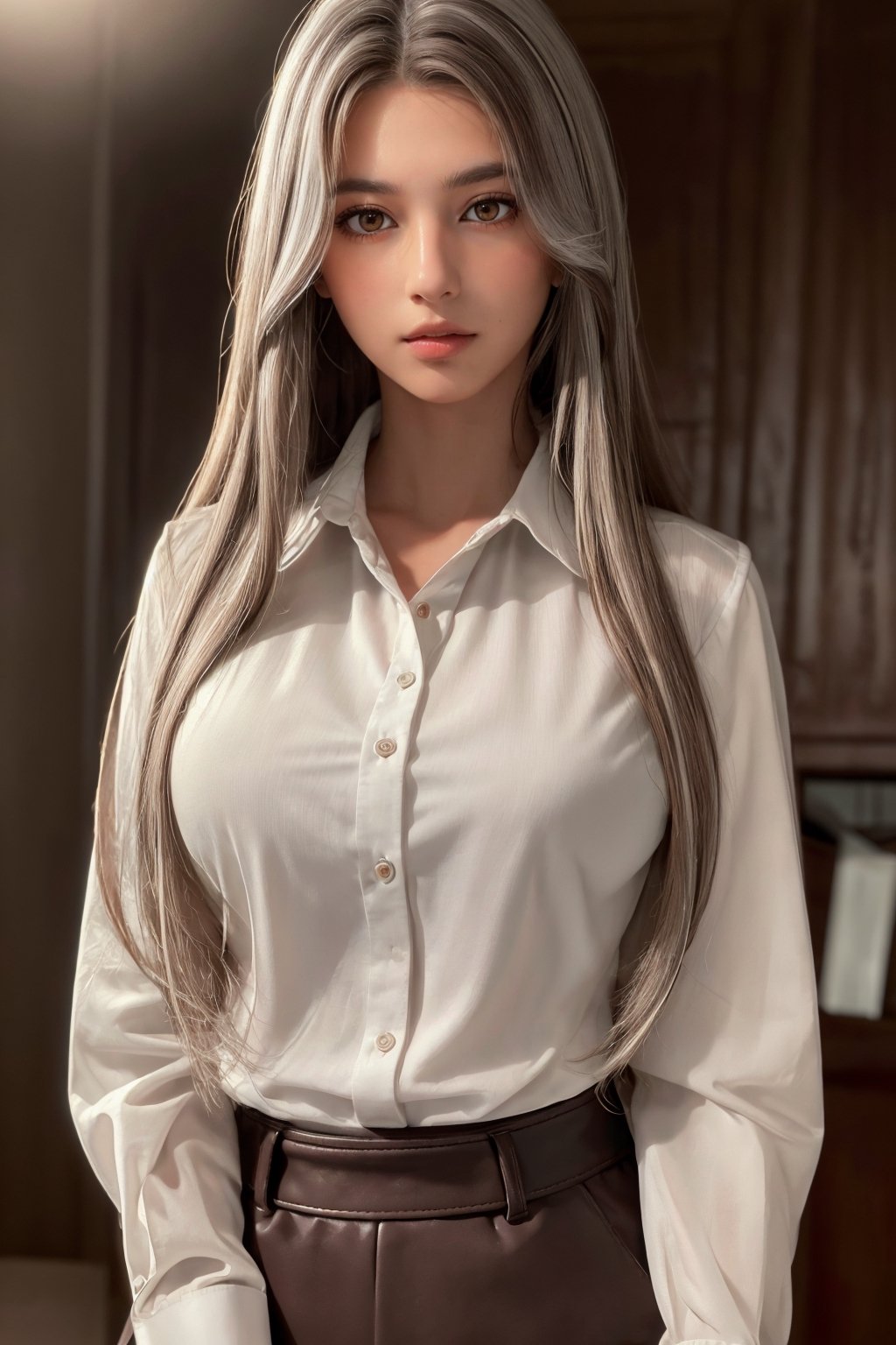 photorealistic, masterpiece, best quality, raw photo, 1girl, medium breasts, long hair, brown hair, collared shirt, looking at viewer, dynamic lighting, in the dark, deep shadow, low key, intricate detail, detailed skin, pore, highres, hdr, Aloof, white hair, red eyes, director-general，cool