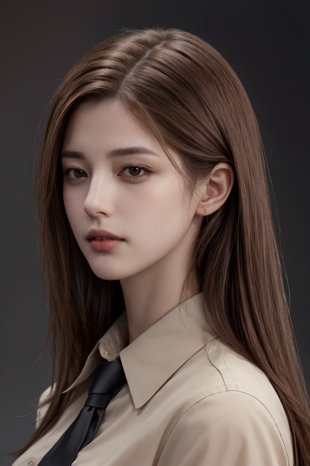 photorealistic, masterpiece, best quality, raw photo, 1girl, medium breasts, long hair, brown hair, collared shirt, looking at viewer, dynamic lighting, in the dark, deep shadow, low key, intricate detail, detailed skin, pore, highres, hdr