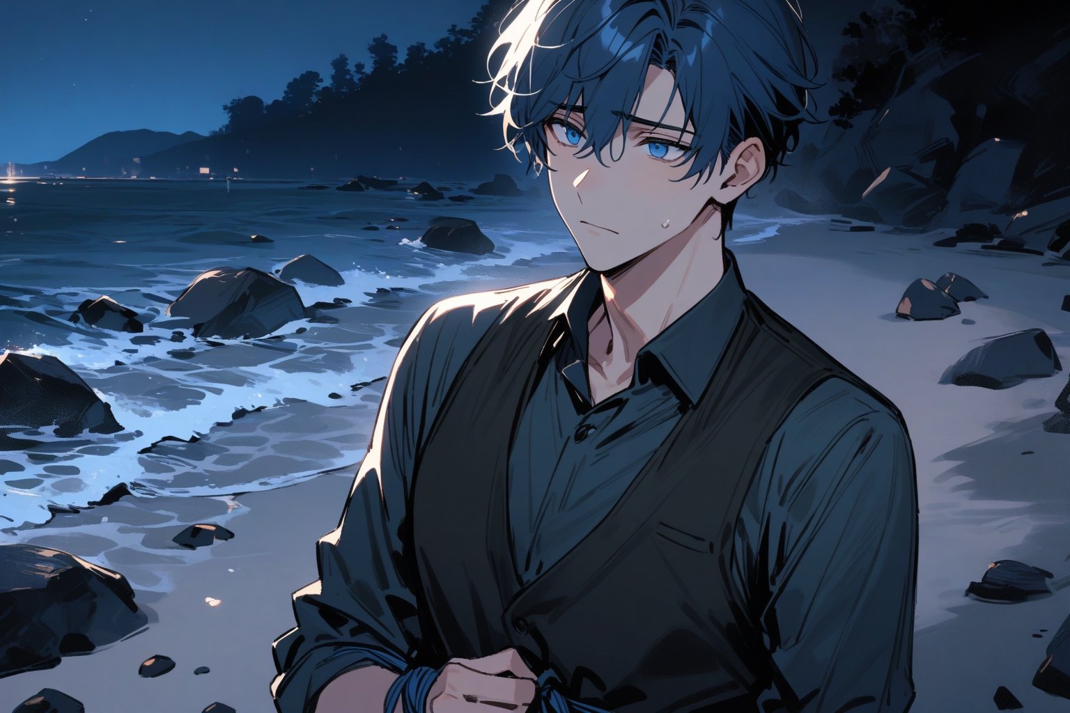 1 handsome boy,male_solo, upper body,
blue short hair, blue eyes, 30 year old,
worried,
black vest,
hands are tied,
,is on a rocky beach on the beach, night,
warm skill, romatic atmostphe
masterpiece, best quality,