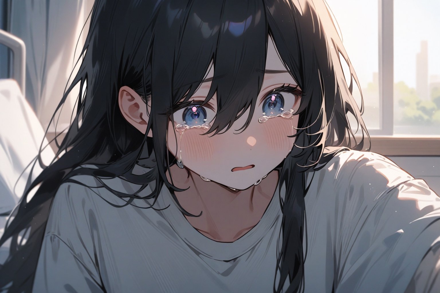 soft girl, crying, nice, charming, 1 person, attractive, fresh, a noble, in a company, black long hair, wear a shirt, in a hospital, detail in eyes