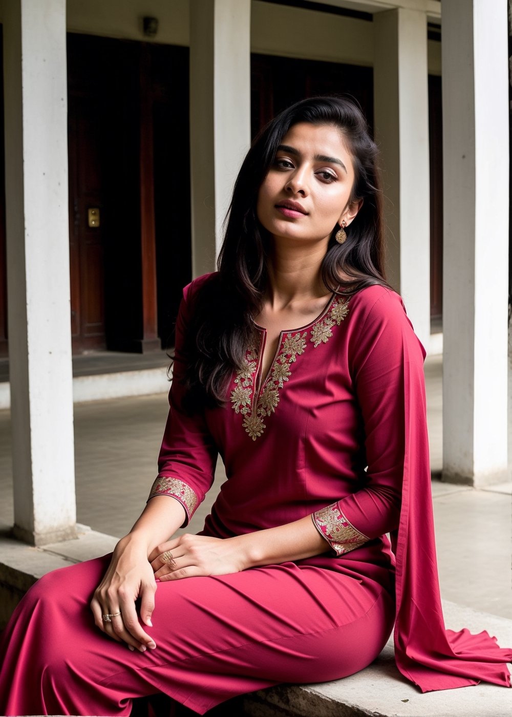  Lovely cute hot Alia Bhatt, acute an Instagram model 22 years old, full-length, long blonde_hair, black hair, is sitting
on curzon hall dhaka university, Dhaka, wearing a red color salwar kameez