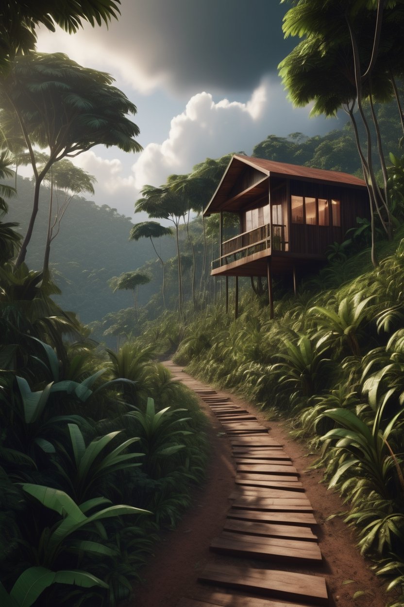 a small house on the left side of a path leading uphill to tropical teak forest on the hills. Amazing details, breathtaking, dramatic angles, eerie sky, delicate, contrast, perfect lighting and  reflections,unreal engine 5, RTX on,ultra HD, 8k, masterpiece