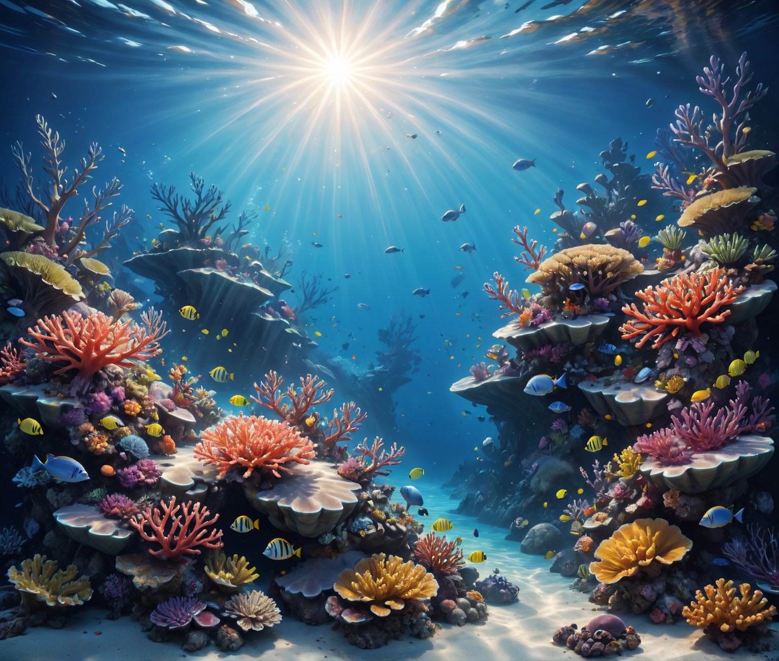 Underwater game background, /top-down view, vibrant coral reefs, diverse fish species, sun rays penetrating the water, creating a magical underwater atmosphere, colorful sea plants swaying gently, clear blue water, adding depth and realism to the scene.