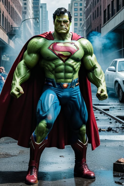 fotografia hiper realista full body shot superman fusionado con hulk, furioso, 8k, raw.
escena apocaliptica horoes muertos alrededor