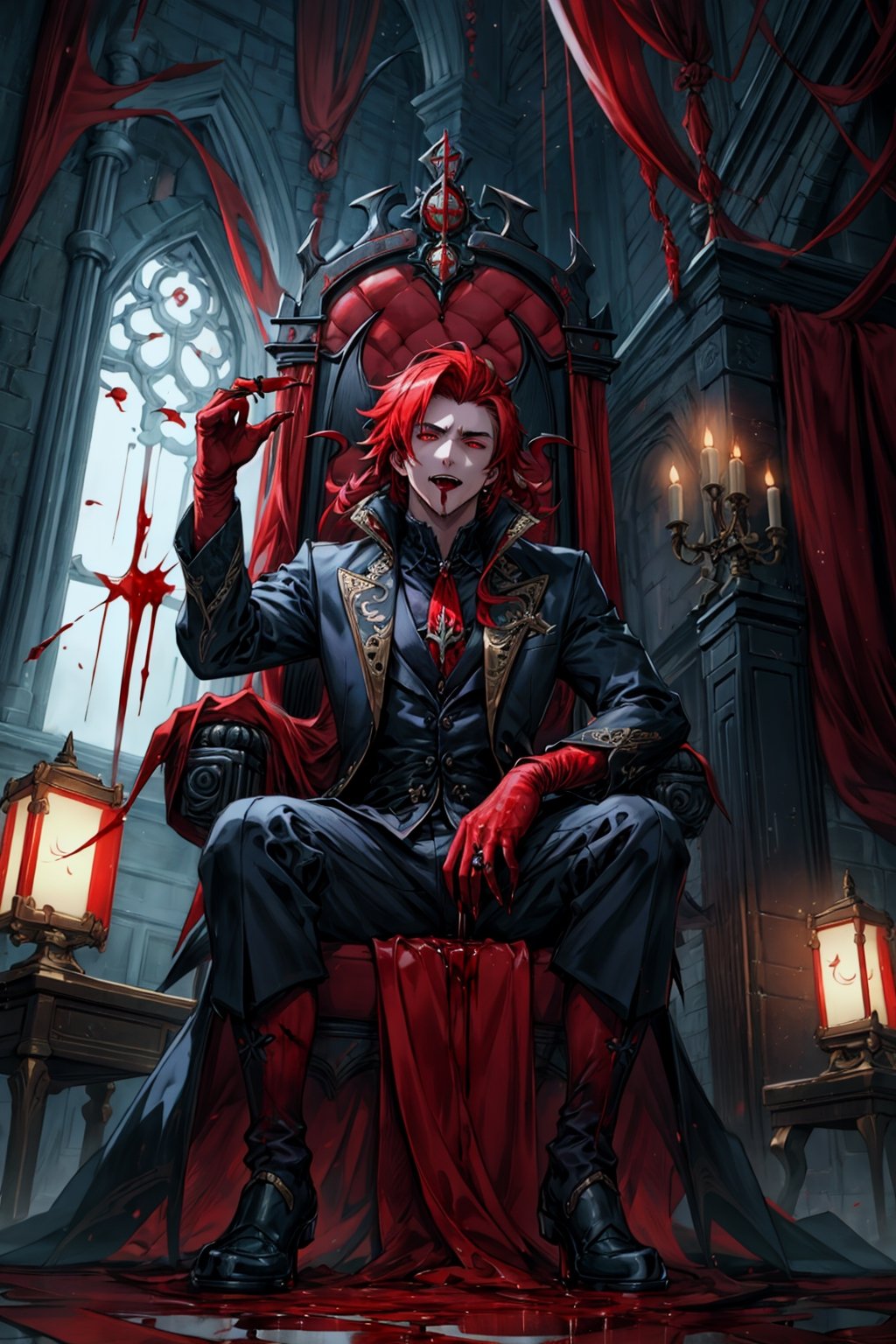 masterpiece,best quality,highly detailed character,8k,high quality, artwork,male feature,man with crimson red hair, red eyes, similar to Diluc Ragvindr from GENSHIN,in a room like a castle, sitting on a throne with his thoughts crossed, with his mouth open and vampire fangs from which blood drips ,1boy,Vampirism