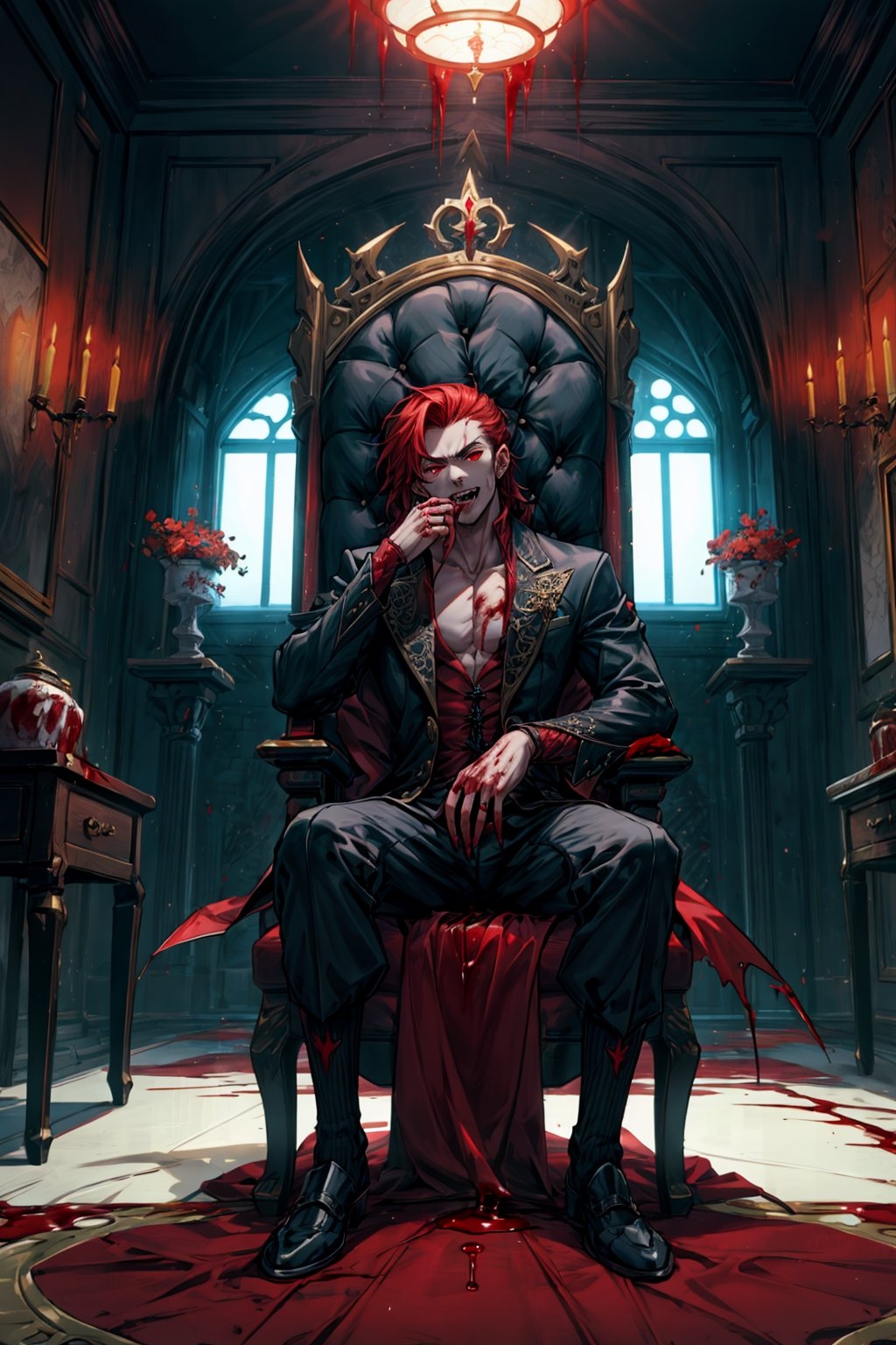 masterpiece,best quality,highly detailed character,8k,high quality, artwork,male feature,man with long crimson red hair, red eyes, similar to Diluc Ragvindr from GENSHIN,in a room like a castle, sitting on a throne with his thoughts crossed, with his mouth open and vampire fangs from which blood drips ,1boy,Vampirism