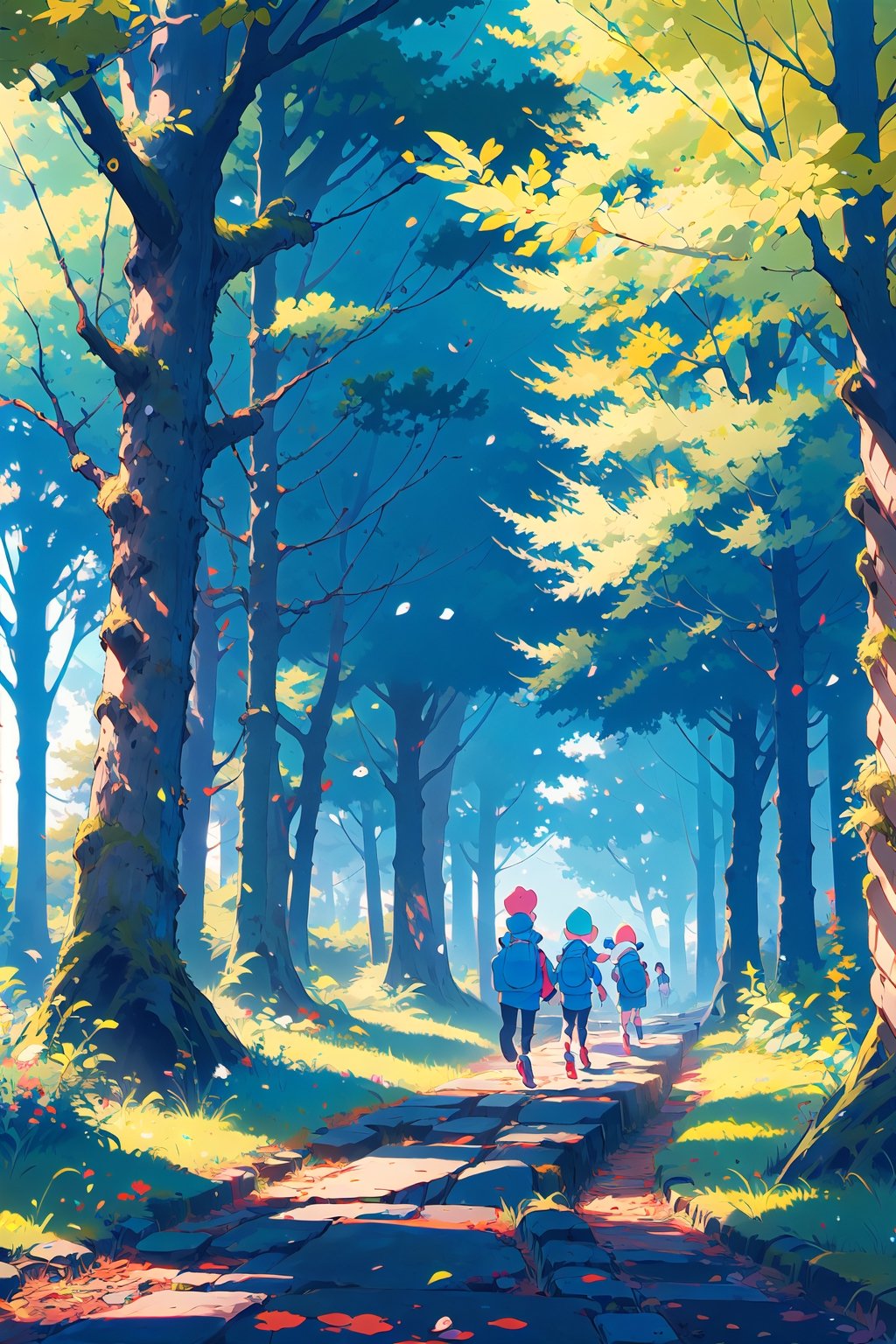 niños caminando en un bosque de pinoz