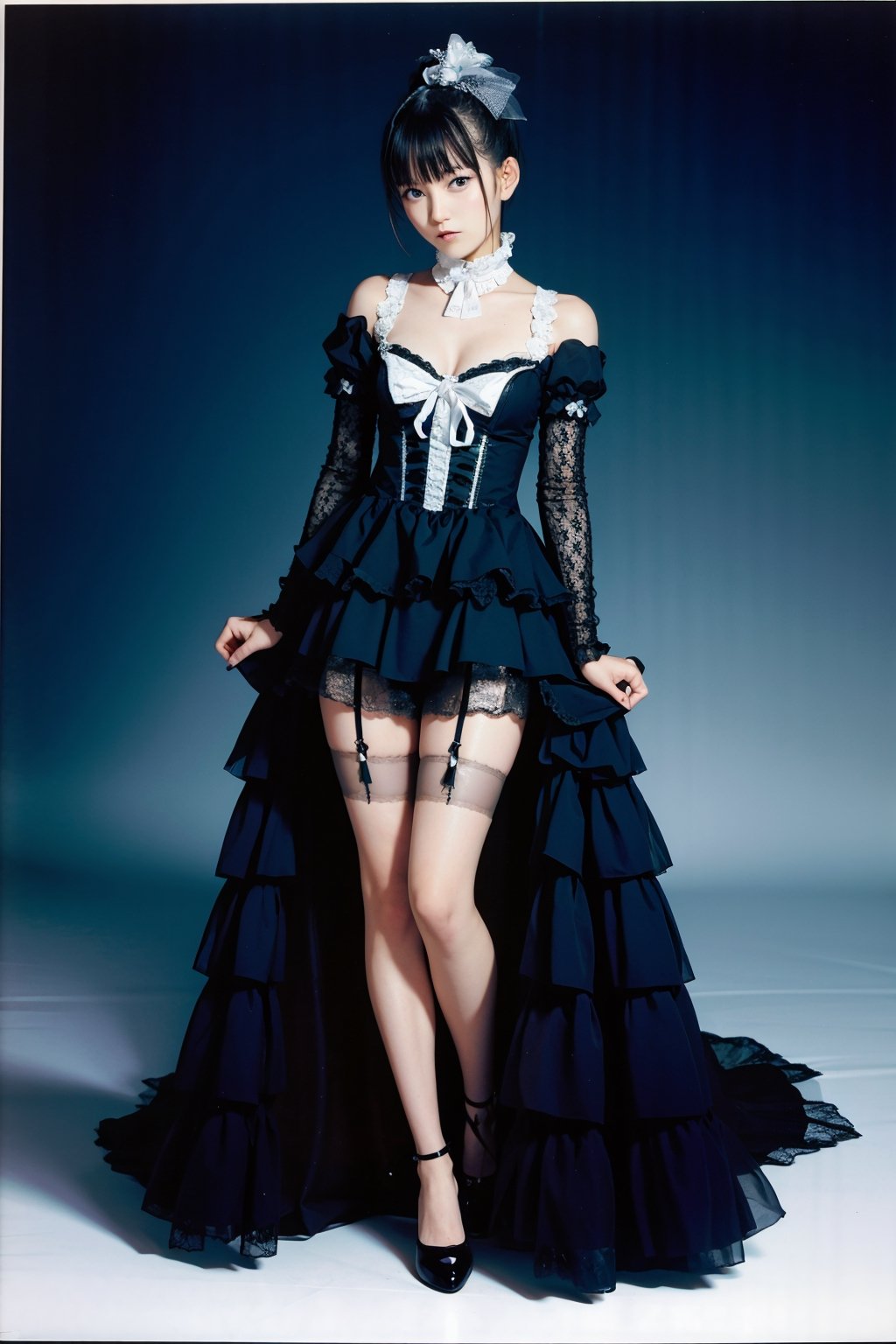 beautiful young girl, Lingerie cascades with grace, enveloping the fanciful gracefulness of Lolita fashion, adorned with lace, ribbons, and cascading layers. full body,SUZUKA NAKAMOTO