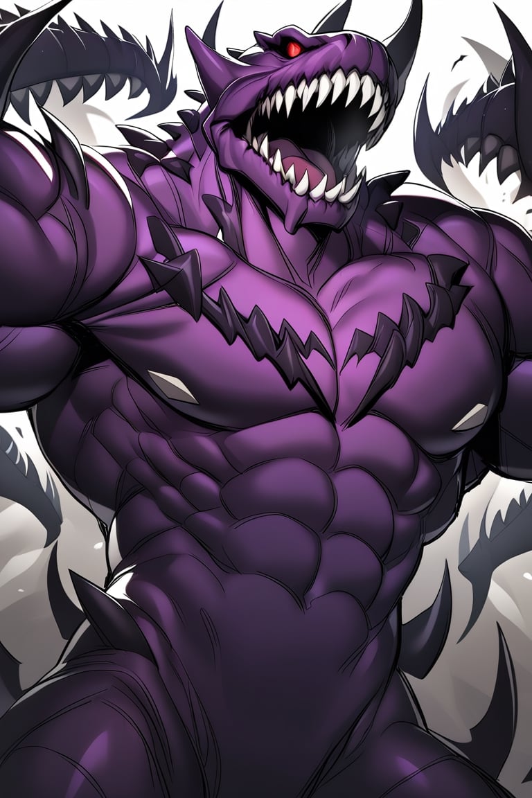 man, piranhas humanoid in shape, demonic, purple, black and white, sharp teeth, four arms,large jaws,warrior,anthro