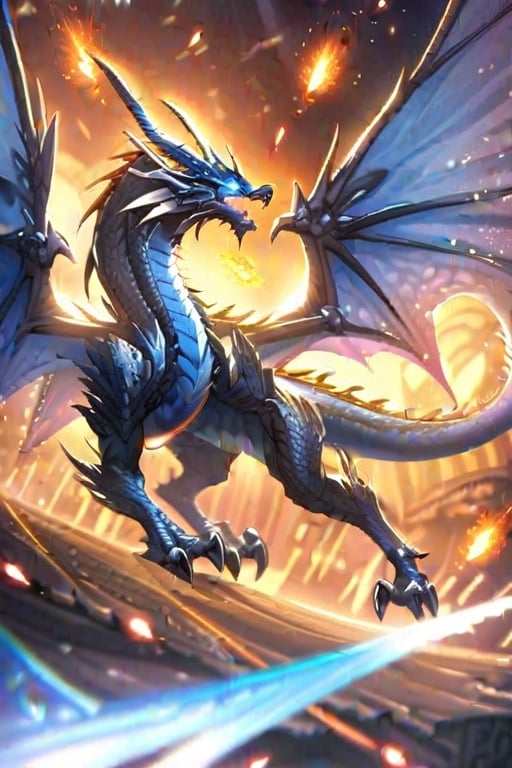 a blue silver dragon, moving tail, delicate tattered wings, glowing embers, glowing, detailed and detailed sci-fi fantasy background,,no human