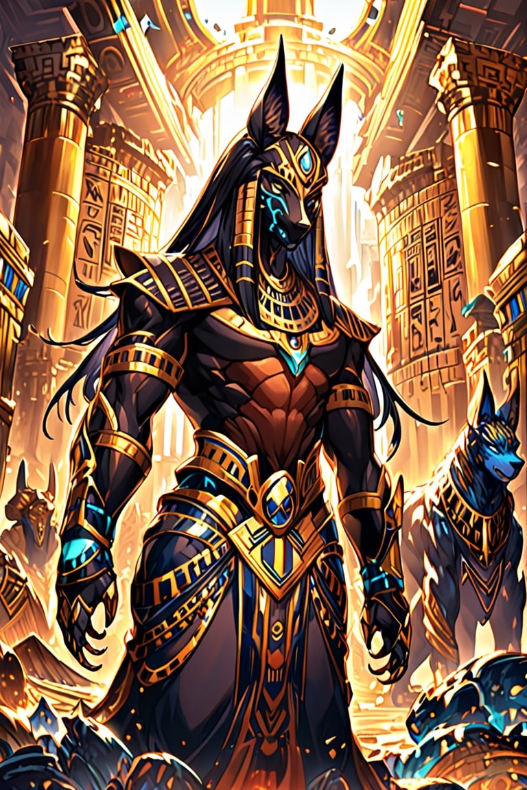 Egyptian mythological god Anubis, His clothing fuses traditional avant-garde elements, Egyptian temple, hieroglyphics. With every chord,LegendDarkFantasy, monster,more detail XL