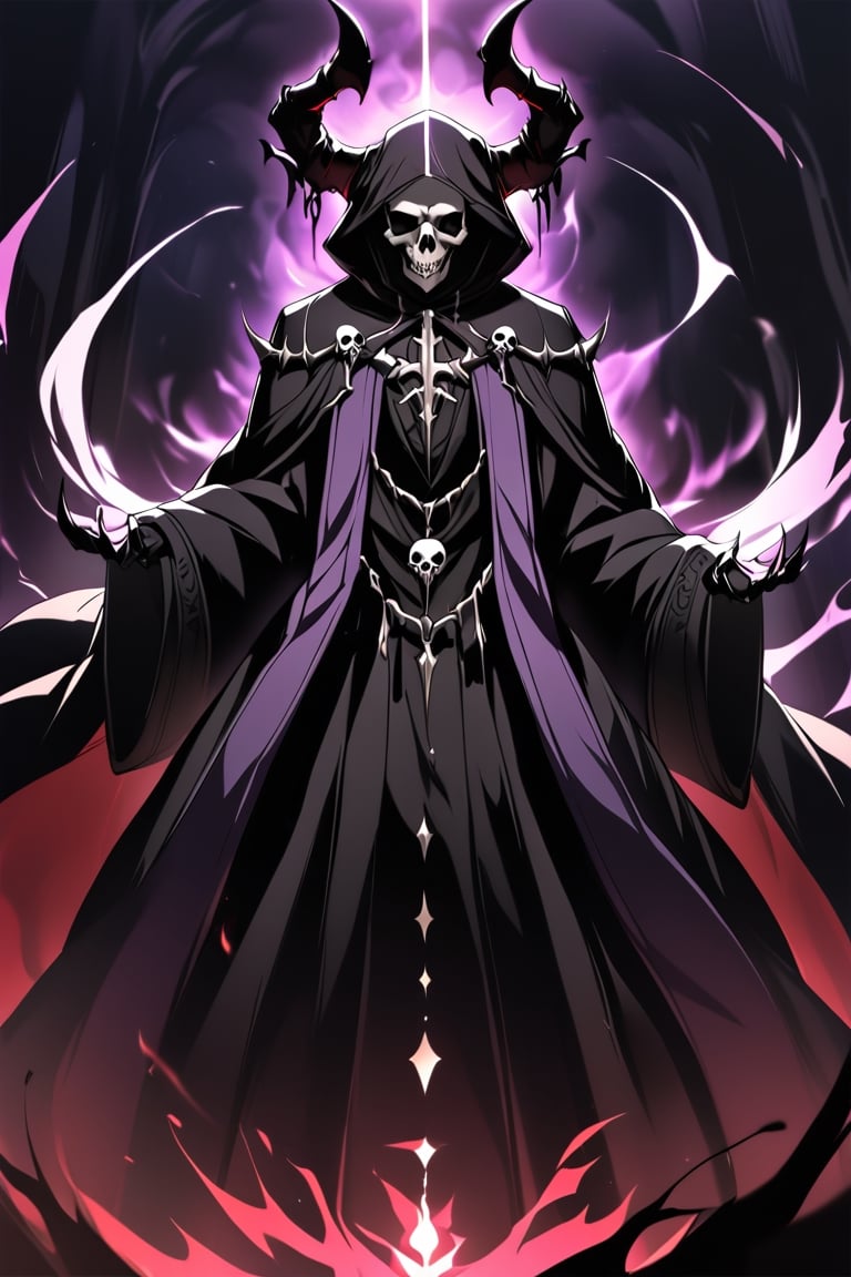  A Gothic fashion-inspired cult priest,skull Head Demon, with a horror twist exudes an aura of dark elegance and sinister mystique. Cloaked in flowing robes adorned with occult symbols, his attire hints at forbidden rituals and arcane knowledge With pale,skll,Magic Forest,dark anime,ainz ooal gown \(overlord\),dark fantasy