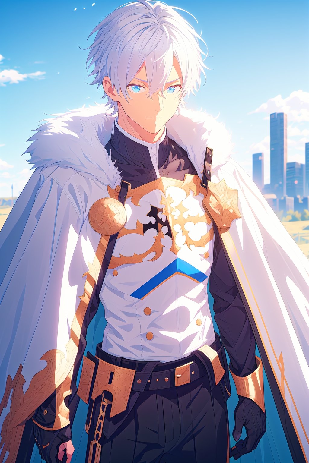 solo, looking at viewer, smile, short hair, bangs, blue eyes, shirt, gloves, long sleeves, 1boy, hair between eyes, closed mouth, standing, white hair, male focus, cowboy shot, black gloves, belt, pants, cape, fur trim, black shirt, black pants, gold trim, white cape, gawain \(fate\)