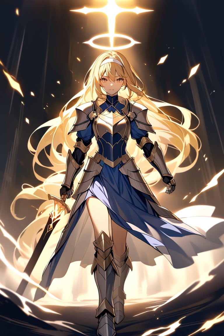 alone, bangs, yellow eyes, blonde hair, hair between eyes, very long hair,yellow halo, medium chest, very long hair, yellow eyes, aura of light, headband, white Headband, dress, cape, armor, blue dress, gauntlets, shoulder pads, cuirass, armored dress, faulds, white cape, paladin, armor gold, body armor, combat stance, weapon, sword, holding weapon, looking at viewer