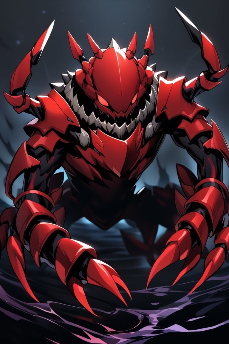alone, looking at viewer, crab man, spines, crab legs, red armor with black stripes, dark aura