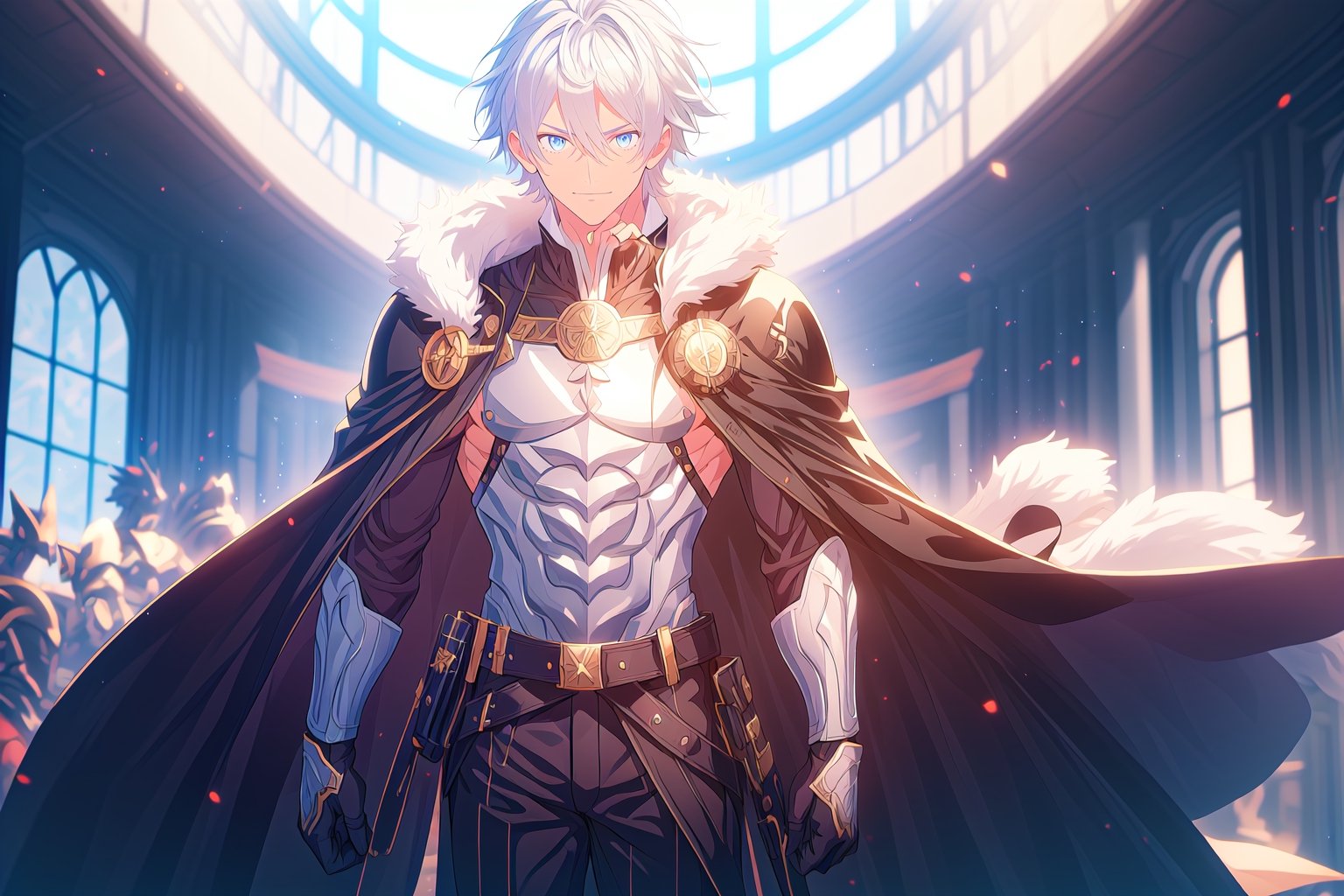 solo, looking at viewer, smile, short hair, bangs, blue eyes, shirt, gloves, long sleeves, 1man, hair between eyes, closed mouth, muscle body, standing, white hair, male focus, cowboy shot, black gloves, belt, pants, cape, fur trim, black shirt, black pants, gold trim, white cape, gawain \(fate\)