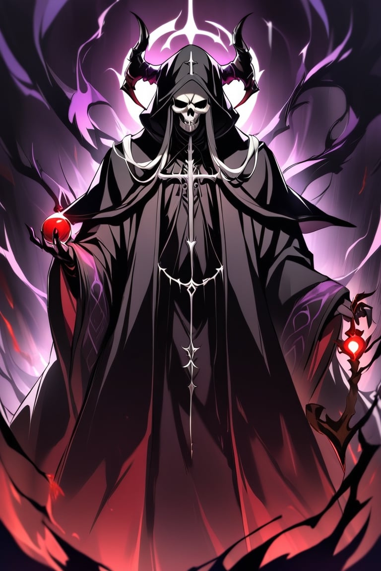  A Gothic fashion-inspired cult priest,skull Head Demon, with a horror twist exudes an aura of dark elegance and sinister mystique. Cloaked in flowing robes adorned with occult symbols, his attire hints at forbidden rituals and arcane knowledge With pale,skll,Magic Forest,dark anime,ainz ooal gown \(overlord\)