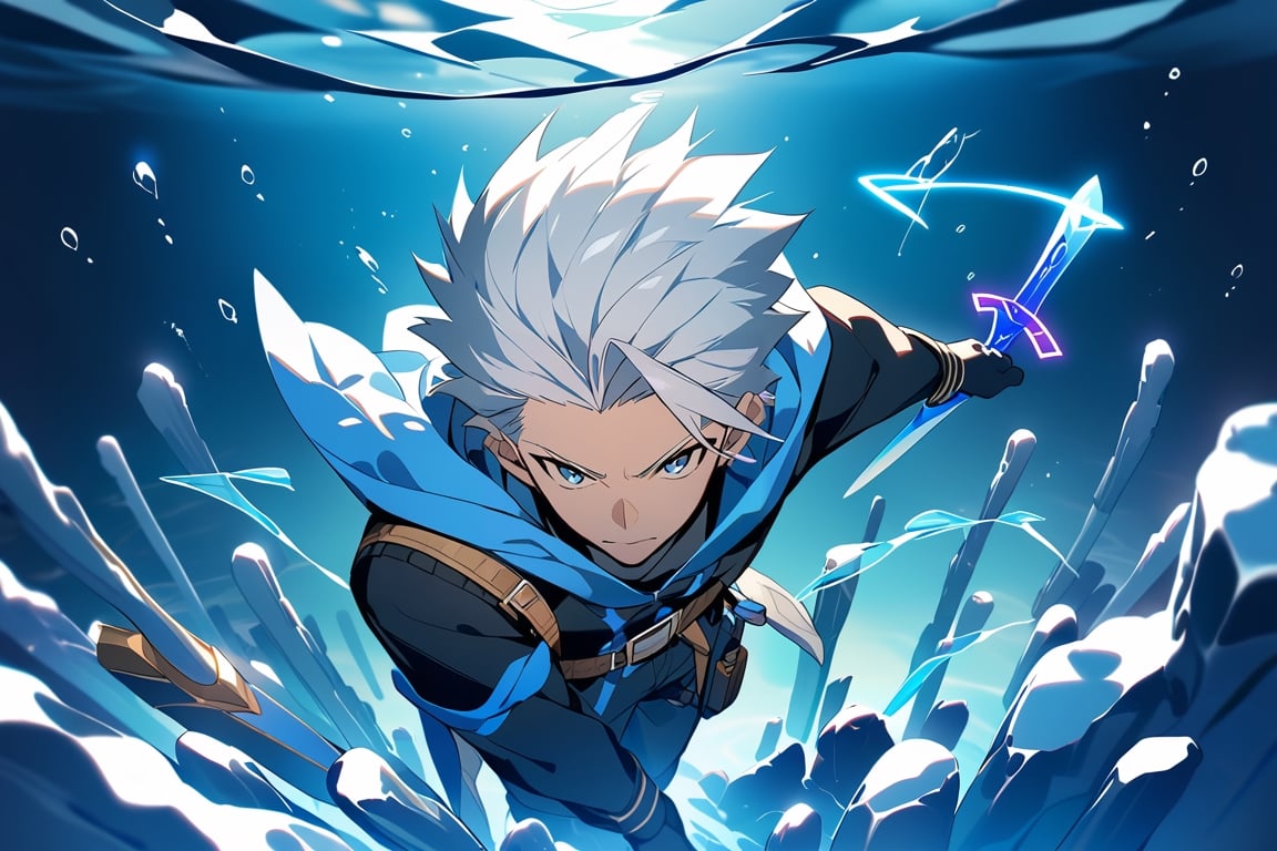 solo, arrogant smile,  short hair, white hair, spiked hair, pixie cut, bangs, blue eyes, shirt, gloves, long sleeves, 1man, huge sword,standing, white hair, male focust,muscle body, black gloves, belt, pants, blue trim, black shirt, black pants, gold trim, (Large shiny blue sword with runes on it:1.3), sword, Underwater world, Under the sea, Top-down perspective, From high above, only background, water,scenery, pillar, A deep-sea scene beneath a thick ice layer that reveals the texture and transparency of the ice, casting a cold blue hue. Below the ice, columns and structures of frozen formations create a unique under-ice landscap in background