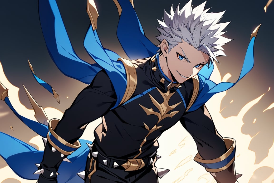 solo, arrogant smile,  short hair, white hair, spiked hair, pixie cut, bangs, blue eyes, shirt, gloves, long sleeves, 1man,, closed mouth,muscle body, standing, white hair, male focus, cowboy shot, black gloves, belt, pants, blue trim, black shirt, black pants, gold trim,Visual_Illustration