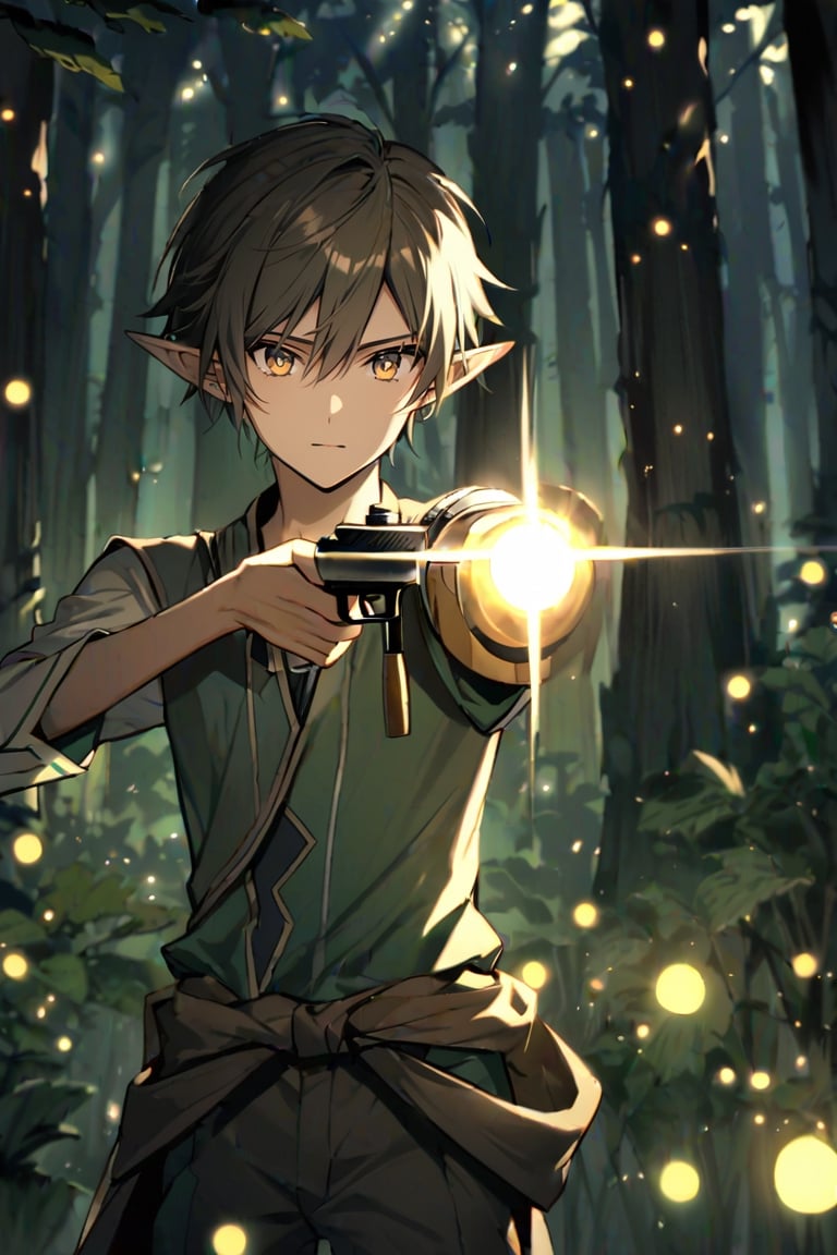 elf archer aiming, face radiant with seriousness and rudeness, young and handsome, slender elf, pale and beautiful, male focus, an elf archer, forest temple, well lit by fireflies