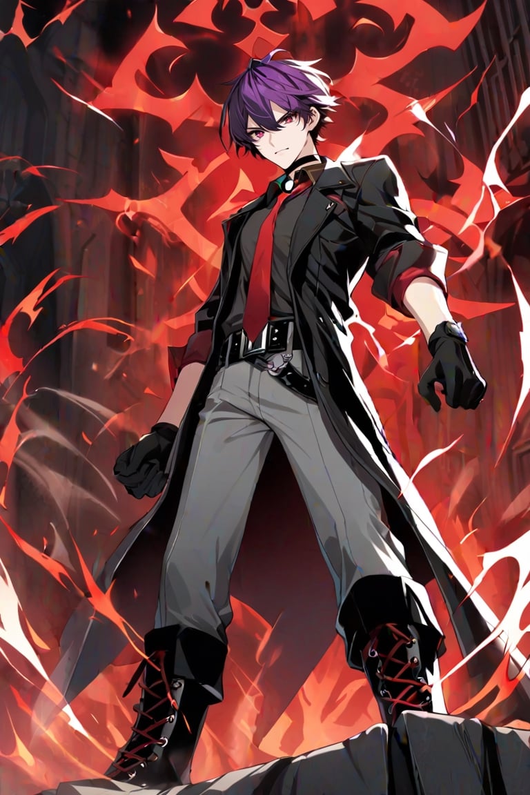 1 boy, black and purple hair, multicolored hair, short hair, red eyes, collared shirt, red tie, black gloves, choker, black belt, black coat, boots, gray pants, rolled up sleeves, jacket, with a displeased expression,aura red,sieghart