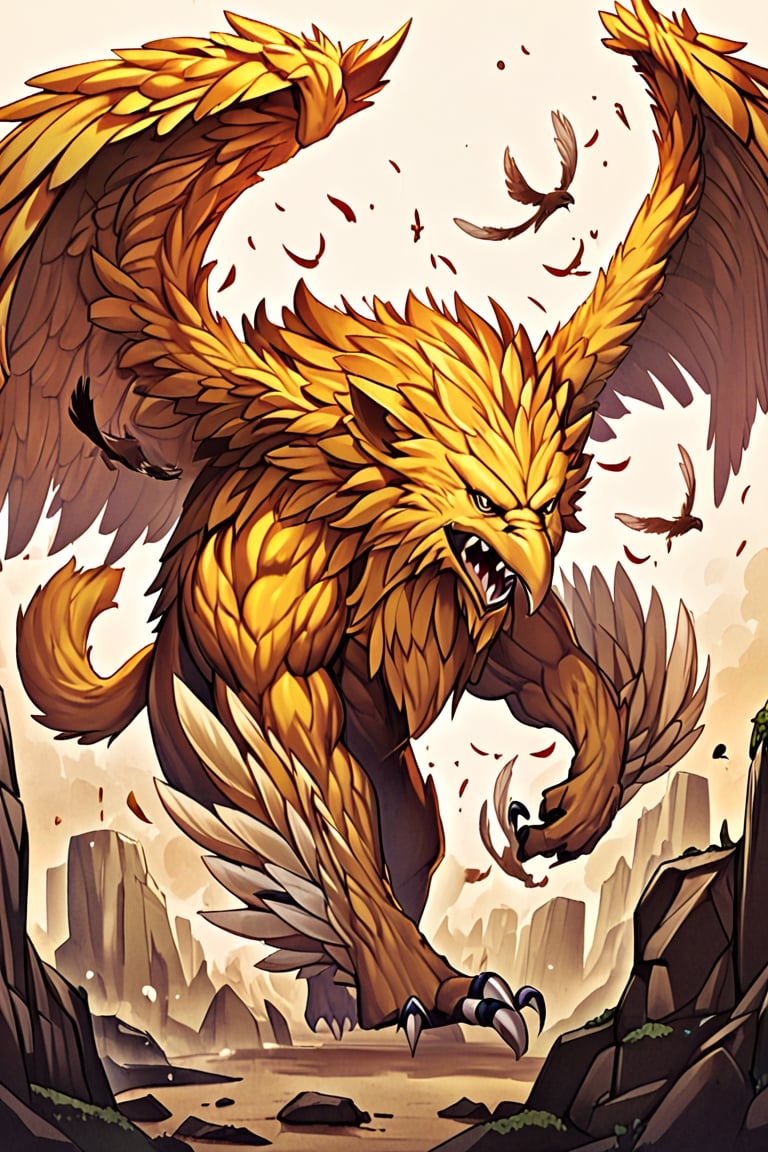 The griffin is a mythological creature, whose front part is that of a giant eagle, with white feathers, sharp beak and powerful claws. The back is that of a lion, with yellow fur, muscular legs and a long tail.,potma style