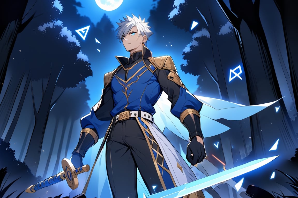 solo, arrogant smile,  short hair, white hair, spiked hair, pixie cut, bangs, blue eyes, shirt, gloves, long sleeves, 1man, huge sword,standing, white hair, male focust,athletic body, black gloves, belt, pants, blue trim, black shirt, black pants, gold trim, night, moon light, forest, (Large shiny blue sword with runes on it:1.3), sword, blood in background