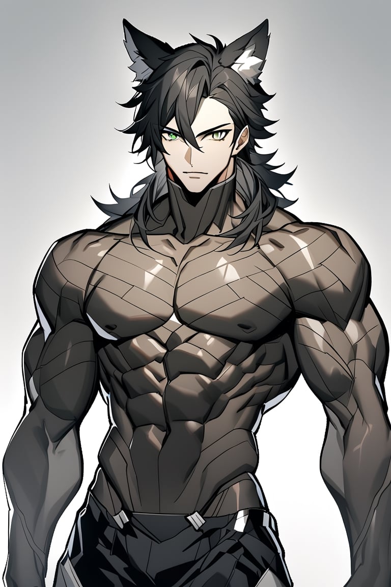 a human, with gray and black hair, with wolf ears, green eyes, chestless, very human-looking, with an muscle body,nhdsrmr
