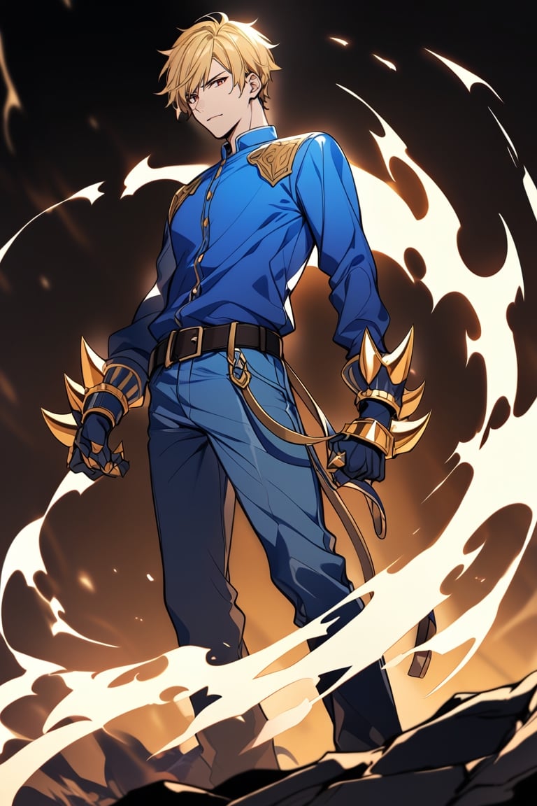 alone, short hair, blonde hair with dark highlights, golden eyes, details, long sleeved shirt, 1 man, standing, male focus, belt, pants, blue pants, aura, with gold spiked knuckles